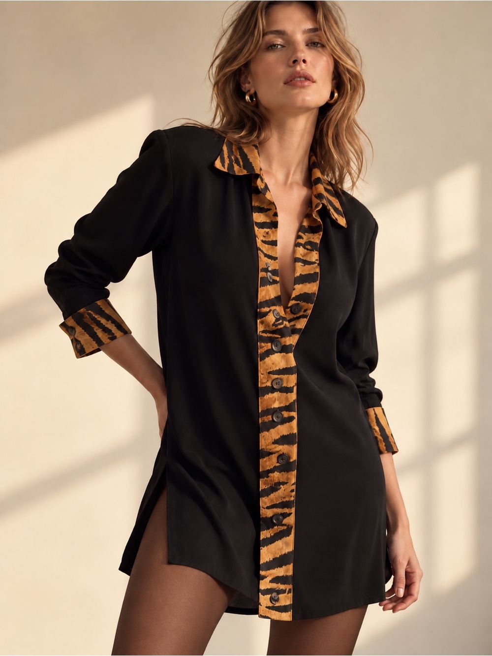 ‘80s Silk Crêpe Tiger Trim Tunic Mini Dress
